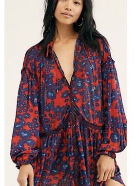 Free People Love Letter Tunic Dress Bohemian Red Floral Button-Front Women’s Top